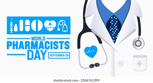 World Pharmacists day background or banner design template. Holiday concept. Template for background, banner, card, poster, placard, design template with unique shapes with standard color.