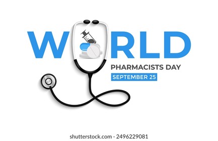 El Día Mundial del Farmacéutico se celebra el 25 de septiembre de cada año. las contribuciones de los farmacéuticos para mejorar los resultados de salud, administrar la terapia de medicación y proporcionar Ilustración vectorial.