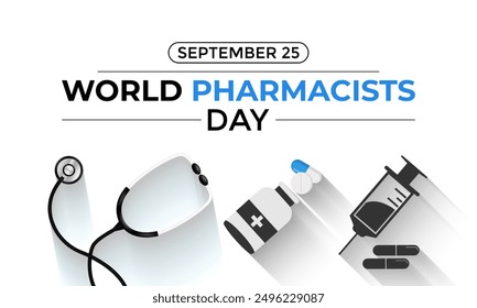 El Día Mundial del Farmacéutico se celebra el 25 de septiembre de cada año. las contribuciones de los farmacéuticos para mejorar los resultados de salud, administrar la terapia de medicación y proporcionar Ilustración vectorial.