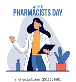 Ilustración del Día Mundial de los Farmacéuticos - Un farmacéutico con un Portapapeles, listo para ayudar a los pacientes