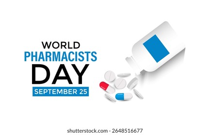 Dia Mundial do Farmacêutico em 25 de setembro. Hoje em dia, melhorar a assistência médica, garantir o uso seguro de medicamentos e apoiar a saúde pública em todo o mundo. Remédios seguros, salve ao vivo. Ilustração vetorial. Eps 10.
