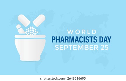 Dia Mundial do Farmacêutico em 25 de setembro. Hoje em dia, melhorar a assistência médica, garantir o uso seguro de medicamentos e apoiar a saúde pública em todo o mundo. Remédios seguros, salve ao vivo. Ilustração vetorial. Eps 10.