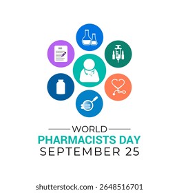 Dia Mundial do Farmacêutico em 25 de setembro. Hoje em dia, melhorar a assistência médica, garantir o uso seguro de medicamentos e apoiar a saúde pública em todo o mundo. Remédios seguros, salve ao vivo. Ilustração vetorial. Eps 10.
