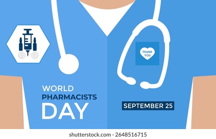 Dia Mundial do Farmacêutico em 25 de setembro. Hoje em dia, melhorar a assistência médica, garantir o uso seguro de medicamentos e apoiar a saúde pública em todo o mundo. Remédios seguros, salve ao vivo. Ilustração vetorial. Eps 10.