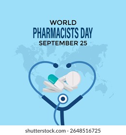 Dia Mundial do Farmacêutico em 25 de setembro. Hoje em dia, melhorar a assistência médica, garantir o uso seguro de medicamentos e apoiar a saúde pública em todo o mundo. Remédios seguros, salve ao vivo. Ilustração vetorial. Eps 10.