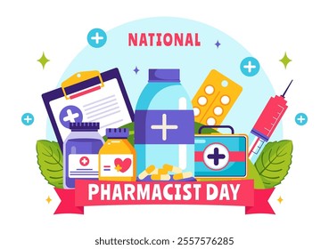 World Pharmacists Day Vector Illustration Featuring a Doctor, Medicines, and Pills in a Healthcare Themed Flat Style Cartoon Background