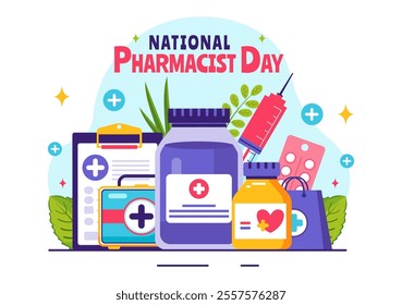 World Pharmacists Day Vector Illustration Featuring a Doctor, Medicines, and Pills in a Healthcare Themed Flat Style Cartoon Background
