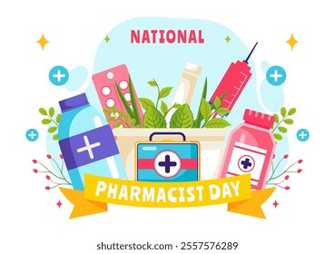 World Pharmacists Day Vector Illustration Featuring a Doctor, Medicines, and Pills in a Healthcare Themed Flat Style Cartoon Background