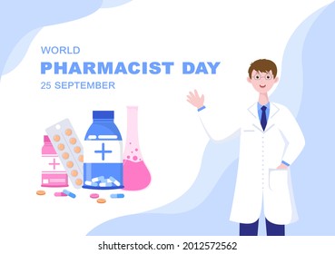 World Pharmacists Day Which Is Held on September 25th. Doctor, Medicine and Pills Concept. For Background, Banner or Poster Landing Page Vector Illustration