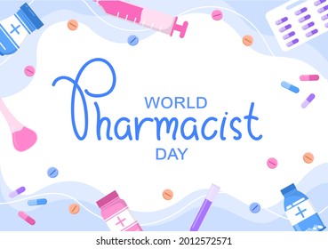 Día Mundial de la Farmacéutica, que se celebra el 25 de septiembre. Concepto de Doctor, Medicina y Píldoras. Para la ilustración vectorial de la página de aterrizaje de fondo, pancarta o afiches