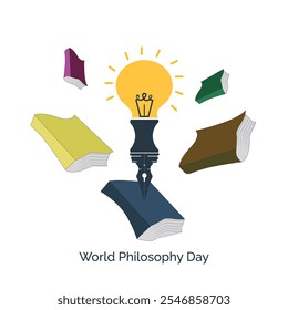 World Philosophy Day, 21 November. Idea bulb, ink pen and books flying design concept. Vector, illustration.