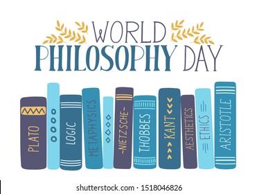 World Philosophy Day. Hand drawn philosophy books with lettering on white background. 