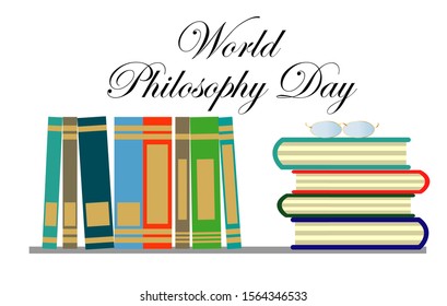 World Philosophy Day. Stack of books with open book and lettering on white background