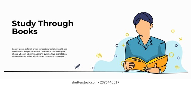 World Philosophy Day vector illustration of young man sitting reading a book. Modern flat in continuous line style.