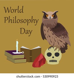 World Philosophy Day. Vector illustration of the worldwide celebrated united nations day. Owl sitting on skull with book open