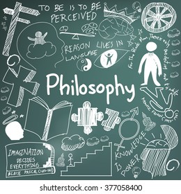 World philosophy and religion doctrine chalk handwriting doodle sketch design subject sign and symbol in blackboard background for education subject presentation or introduction with text (vector) 
