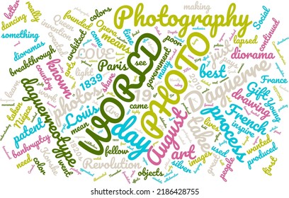 World Photo Day 19 August Word Cloud In Vector Art Creative Colourful White Back Ground