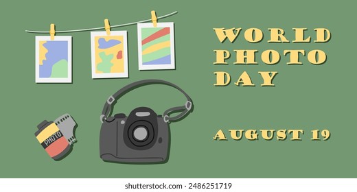 World photo day holiday banner. Vector flat hand drawn illustration with photo tape, camera and photo on rope. Template for background, banner, card, poster with text inscription