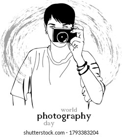 World Photo Day Vector Illustration. Suitable for poster, banner, campaign, and greeting card. Illustration with woman with camera, with white and gray background and the text: world photography day
