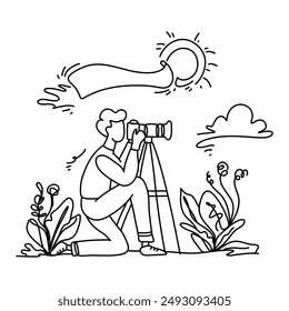 World Photographer Day minimalist line art flat illustration, showcasing a photographer in action amidst a scenic outdoor backdrop. Ideal for enhancing your visual projects