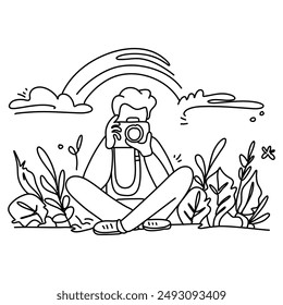 World Photographer Day minimalist line art flat illustration, showcasing a photographer in action amidst a scenic outdoor backdrop. Ideal for enhancing your visual projects