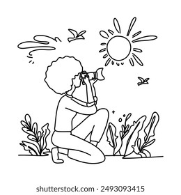 World Photographer Day minimalist line art flat illustration, showcasing a photographer in action amidst a scenic outdoor backdrop. Ideal for enhancing your visual projects