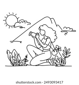 World Photographer Day minimalist line art flat illustration, showcasing a photographer in action amidst a scenic outdoor backdrop. Ideal for enhancing your visual projects