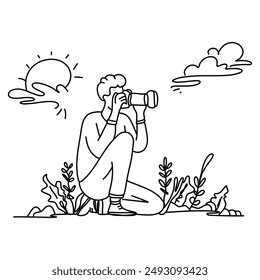 World Photographer Day minimalist line art flat illustration, showcasing a photographer in action amidst a scenic outdoor backdrop. Ideal for enhancing your visual projects