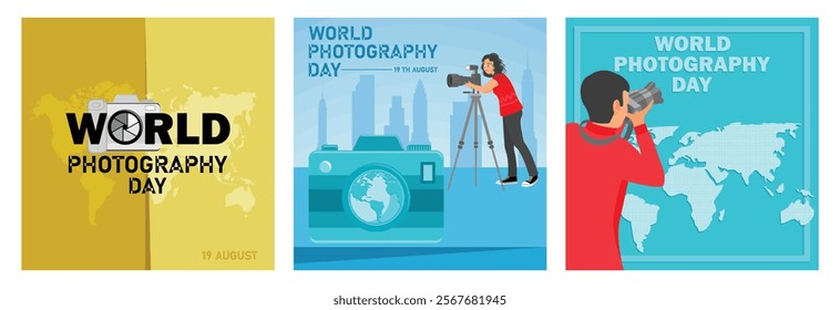 World photography day, 19 August. Female photographer taking photos. Stand with the camera. World Photography Day concept.  Set flat vector illustration.