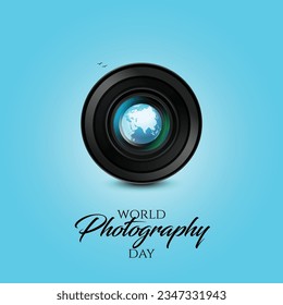 Weltfotografie Tag 19 August Banner Poster flayer Template Design Illustration. Weltkamera Day Post Design. Fotografie-Tagesgrafik. Tagesfotografie mit blauem Hintergrund