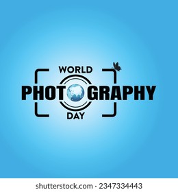 World photography day August 19 banner Poster flayer template design illustration. World camera day icon post design. Photographs day illustration with butterfly and Blue background