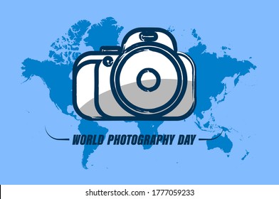 World Photography Day August 19th. Camera on background of continents of the Earth. Template for a festive design. Vector