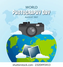 World Photography Day August 19th banner with globe camera and photo illustration