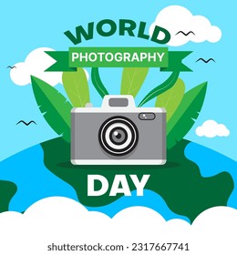 world photography day background with camera and nature. vector illustration