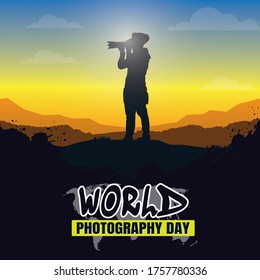 World photography day background, Photographer with camera vector illustration.