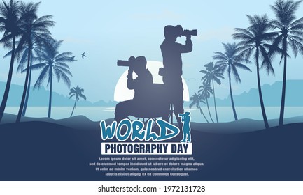 World Photography Day Background, Photographer With Camera Vector Illustration.