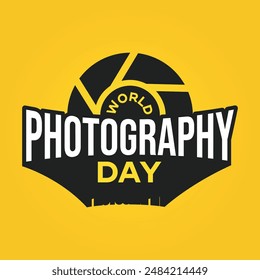 World photography day banner design with a camera lens icon on yellow background. Typography poster for celebrating world photography day August 19. Photography Holiday sticker vector illustration.