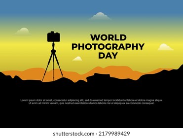 World Photography Day Banner Poster On August 19 With Tripod Camera On Sunset Background.