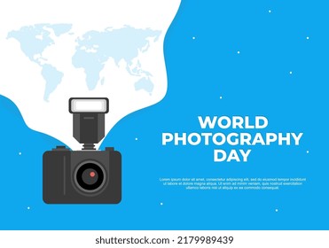 World photography day banner poster on august 19 with modern camera and world map on blue background.