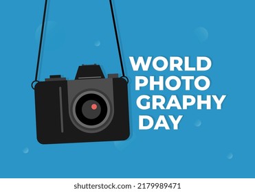 World photography day banner poster on august 19 with vintage camera on blue background.