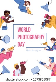 World photography day banner template with cartoon people making photos, flat vector illustration. Photographers professional holiday poster or greeting card design.