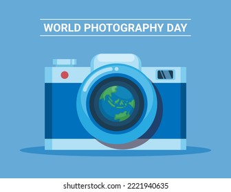 World Photography Day with Camera and earth in lens symbol illustration vector