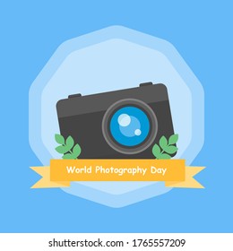 World photography day with a camera, ribbon, and leaves. Cartoon illustration.