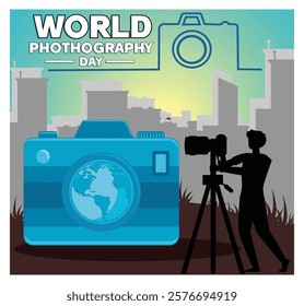 World Photography Day with a camera and silhouette of a photographer, portraying creativity, art, and global photographic enthusiasm. Flat vector modern illustration 