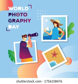 World Photography Day. celebrate camera day, roll film with world map Planning summer vacations. Holiday, journey. Tourism and vacation theme. Poster. Flat design vector illustration.