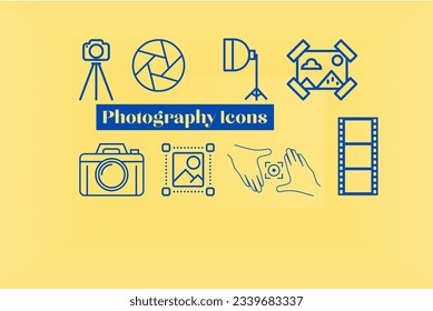 World photography day is celebrated on 19th August of every year. Blue photography icons with yellow background and blue text. Photography is a kind of art work.