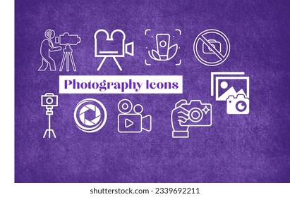 World photography day is celebrated on 19th August of every year. White photography icons with purple background and purple text. Photography is a kind of art work.