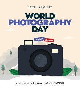 World photography day celebration banner, post, card, background. 19th August photography day banner with digital camera and mountains view. The theme for 2024 is An entire day. 