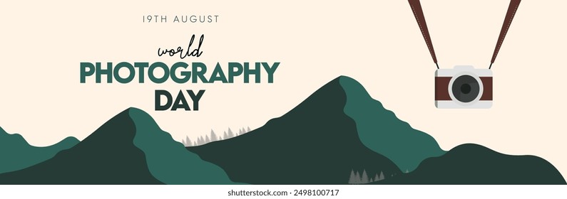 World photography day celebration banner, post, card, background. 19th August photography day cover banner with digital camera, mountains