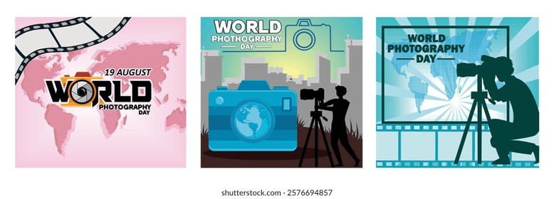 World Photography Day Celebration. Global Photography Passion and Creativity. Camera Setup and Map Background. Set flat vector modern illustration